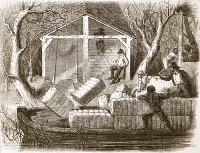 Schießen von Baumwollballen in den vorderen Teil des Flussdampfers Magnolia, Illustration aus The Illustrated London News, 1861 von English School