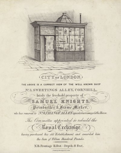Laden von Samuel Knights, Druckhändler und Rahmenmacher, 3 Sweetings Alley, Cornhill, City of London von English School