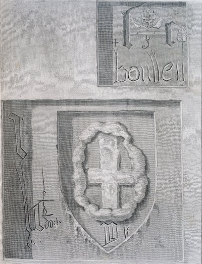 Unterschrift von Anne Boleyn während ihrer Inhaftierung im Tower of London und das Kreuz eines anderen Gefangenen von English School