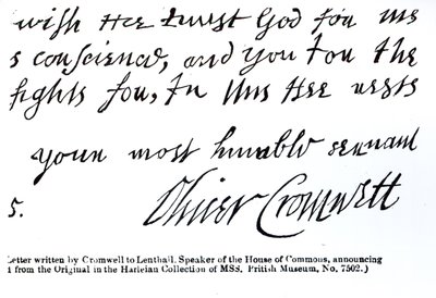 Unterschrift von Oliver Cromwell (1599-1658), aus einem handgeschriebenen Brief an Lenthall, Sprecher des Unterhauses von English School