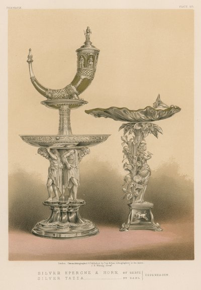 Silberne Epergne und Horn von Hertz, Silberne Tazza von Dahl, Kopenhagen von English School