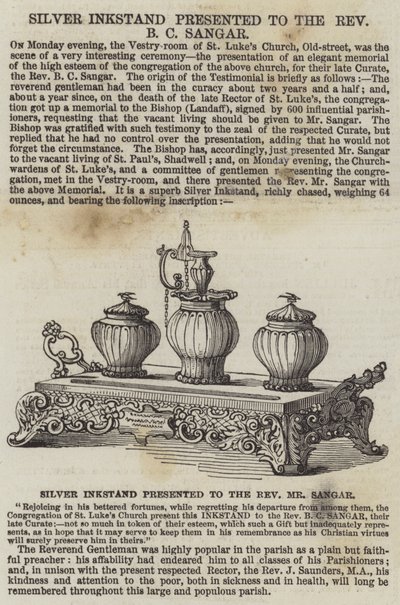 Silbernes Tintenfass, präsentiert an Reverend B C Sangar (Stich) von English School