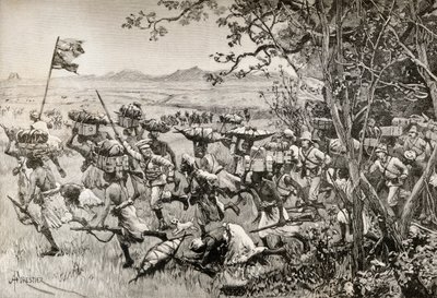 Sir Henry Morton Stanley und seine Männer tauchen 1887 während ihrer Emin-Pascha-Entlastungsexpedition in Afrika endlich aus dem Wald auf die Graslandschaft auf von English School