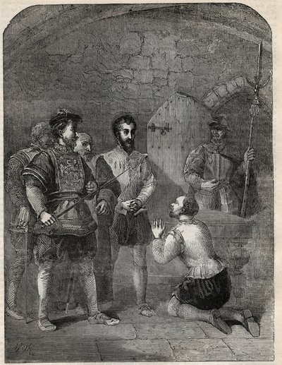 Sir Thomas Wyatt der Jüngere (1521-1554) auf dem Weg zur Hinrichtung, feierlich die Prinzessin Elizabeth und Courtenay von der Teilnahme an seiner Rebellion freisprechend - 1554 - Gravur aus „History of England“ von Cassell Petter & Galpin von English School