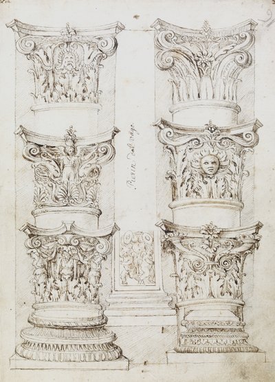Sechs Kapitelle, eine Lesene und zwei Säulenbasen, Folio 1, Der Meister des Oxford Albums, ca. 1512-17 von English School