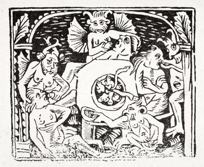 Sechstes: Lazarus beschreibt, was er in der Hölle gesehen hat - ein Tal mit einem stechenden Fluss, der mit Blasen überläuft, wo die Gefräßigen Kröten und andere giftige Kreaturen fressen von English School
