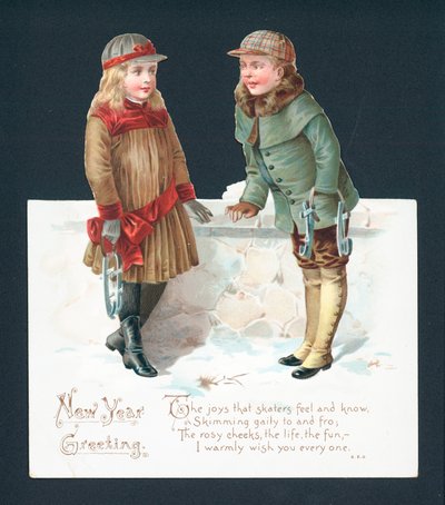 Schlittschuhpaar im Gespräch, Neujahrskarte von English School