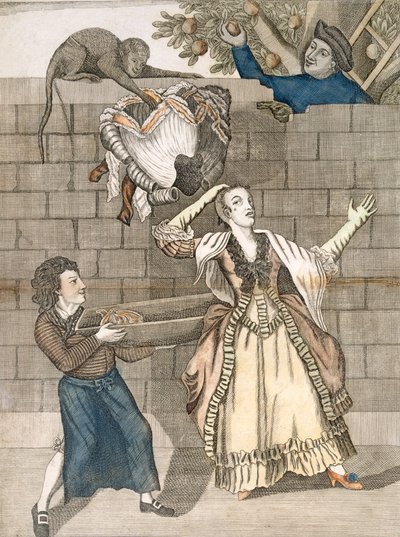 Slight of Hand by a Monkey or the Ladys Head Unloaded, nach einer Originalzeichnung von Grimm, gedruckt für Carington Bowles, London, veröffentlicht 1778 von English School