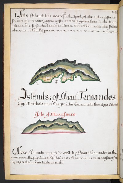 Sloane MS 44, f.269v, Karte von Juan Fernández in William Hacks South Sea Waggoner von English School