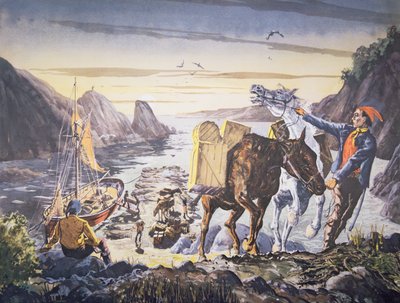 Schmuggler beladen ihre Ponys mit Schmuggelware für die Reise ins Landesinnere (Lithografie) von English School