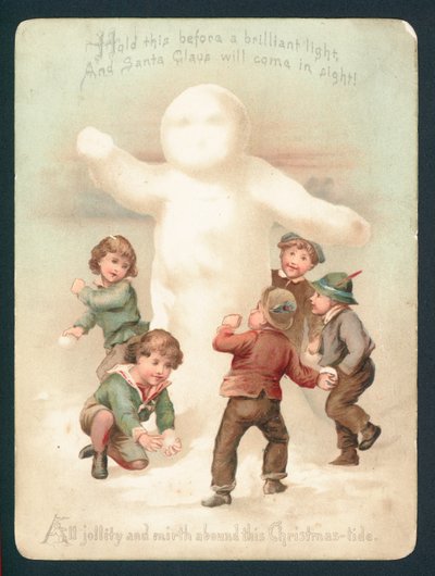 Schneemann, Kinder und Schneebälle, Weihnachtskarte von English School