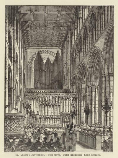 St Albans Kathedrale, das Kirchenschiff, mit restauriertem Lettner von English School