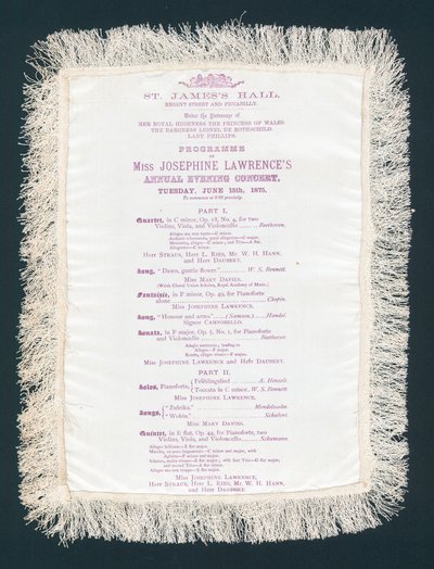 St Jamess Hall, Regent Street und Piccadilly, Programm des jährlichen Abendkonzerts von Miss Josephine Lawrence, 15. Juni 1875 von English School