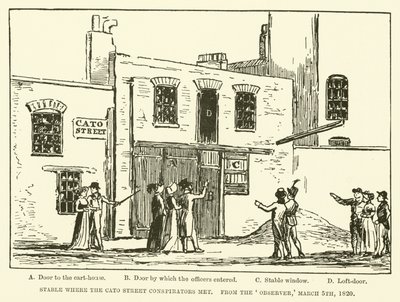 Stall, in dem sich die Cato Street Verschwörer trafen, aus dem Observer, 5. März 1820 (Gravur) von English School