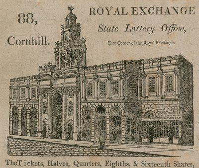 Staatslotteriebüro, östliche Ecke der Royal Exchange, 88 Cornhill, London von English School