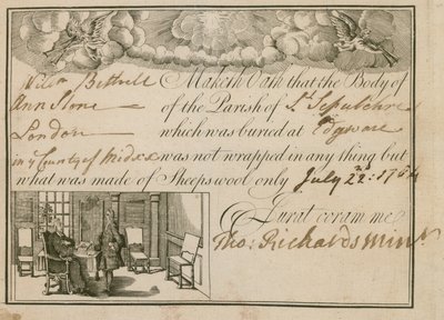 Erklärung, dass Ann Slone in Schafwolle begraben wurde, 1784 von English School