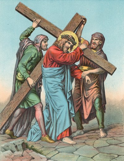 Station V Christus wird von Simon von Cyrene beim Tragen des Kreuzes unterstützt von English School