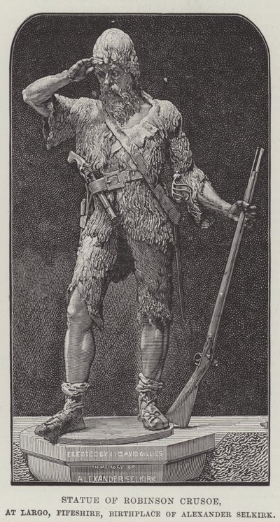 Statue von Robinson Crusoe in Largo, Fife, Geburtsort von Alexander Selkirk (Stich) von English School