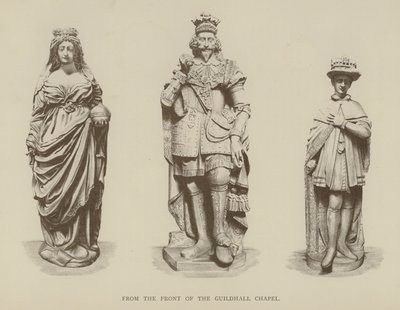 Statuen von Königin Elizabeth I., König Charles I. und König Edward VI. vor der Guildhall Chapel, City of London von English School