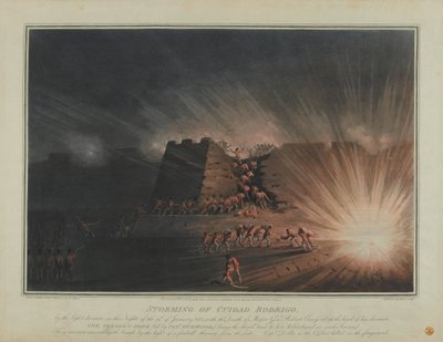 Sturm auf Ciudad Rodrigo durch die Leichte Division in der Nacht des 19. Januar 1812, graviert von J.H. Clark und H. Merke, veröffentlicht im Februar 1815 (farbige Aquatinta) von English School