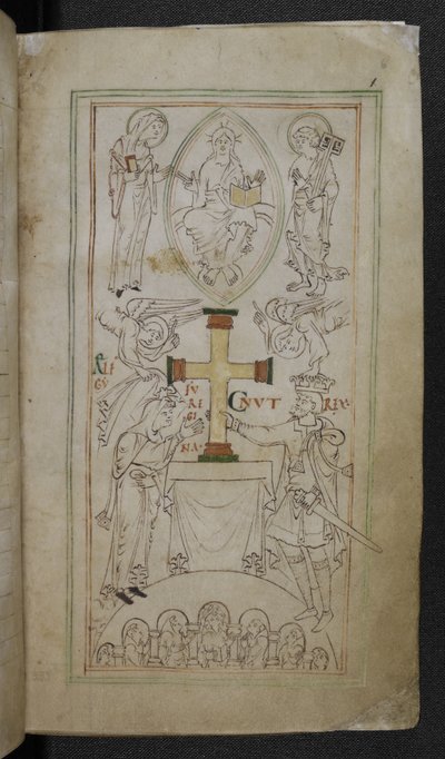 König Cnut und seine Königin Aelfgyfu präsentieren ein Kreuz auf dem Altar des Neuen Münsters, 