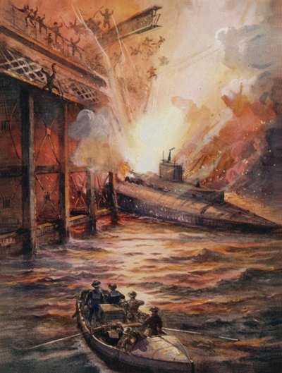 U-Boot C3, gefüllt mit Sprengstoff, stürmt den Damm bei Zeebrugge von English School