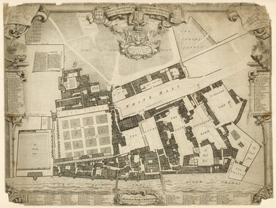 Vermessung und Grundriss des Königlichen Palastes von Whitehall, 1680, mit den Unterkünften und Wohnungen ihrer Majestäten von English School
