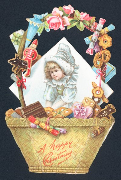 Süßigkeitenkorb und Bild eines Mädchens, Weihnachtskarte von English School