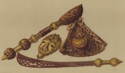 Schwert, Axt und Goldmaske, erbeutet in der Ashantee-Expedition (Chromolitho) von English School