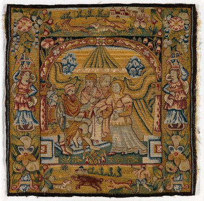 Wandteppichkissenbezug, der Susanna vor dem Richter darstellt, hergestellt in Sheldon, England, nach 1600 von English School
