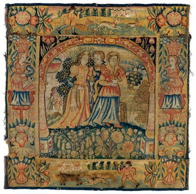 Wandteppichkissenbezug, der Susanna auf dem Weg zum Bad darstellt, hergestellt in Sheldon, England, nach 1600 von English School