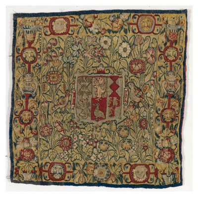 Wandteppich-Kissenbezug mit dem Wappen von Sacheverell, hergestellt in Sheldon, England, nach 1600 von English School