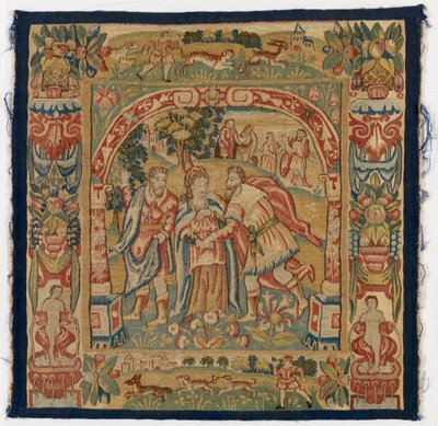 Wandteppich-Paneel mit der Königin von Saba, die Salomo trifft, hergestellt in Sheldon, England von English School