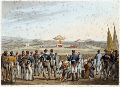 Te Deum auf dem Schlachtfeld in "Historical, military and naval anecdotes and incidents that arrived at the arms of Britain and their allies, ending at Waterloo" von Edward Orme. Illustriert von Fry, Sutherland, Clark, Dubourg, W.Heart, JA, Atkinson... Ed. von English School