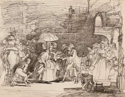 Die Ankunft des reichen Verwandten, nach Wilkie, aus einer Feder- und Tintenzeichnung von English School