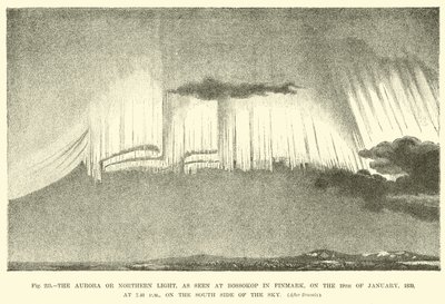 Das Nordlicht, wie es am 19. Januar 1839 um 19:40 Uhr auf der Südseite des Himmels in Bossokop in Finmark zu sehen war von English School