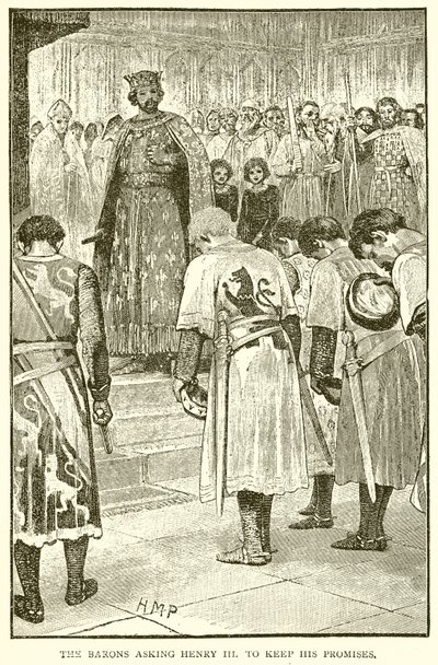 Die Barone fordern Heinrich III. auf, seine Versprechen zu halten von English School