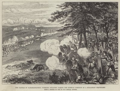 Die Schlacht von Karahassankoi, türkische Infanterie erobert die russische Stellung auf einem bulgarischen Friedhof (Stich) von English School