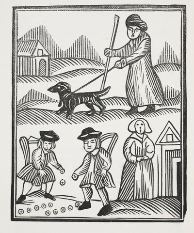 Der Bettler reist mit seinem Hund, bringt viel Reichtum nach Hause, mit dem er den Ritter übertrifft und seine Tochter zu ihrem Vergnügen heiratet, Illustration aus Chap-books des achtzehnten Jahrhunderts von English School