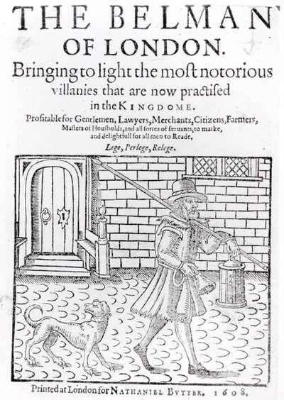 Der Glockenmann von London, von Thomas Dekker (ca. 1570-ca. 1641) Titelblatt, gedruckt von Nathaniel Butter, 1608 von English School
