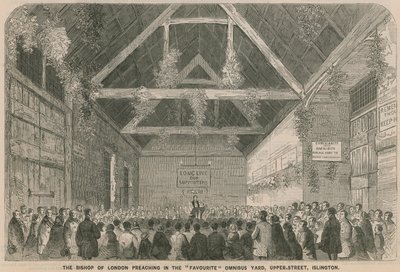 Der Bischof von London predigt im beliebten Omnibushof, Upper Street, Islington von English School