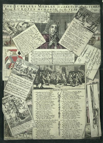 Das Medley des Blasenmachers oder eine Skizze der Zeiten, Europas Denkmal für das Jahr 1720, satirische Gravur von English School