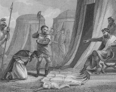 Der byzantinische Kaiser Maurikios kurz vor seiner Hinrichtung durch den Usurpator Phokas, nachdem er gesehen hat, wie seine fünf Kinder vor ihm getötet wurden, 602 von English School