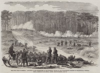 Der Bürgerkrieg in Amerika, Vorrücken der Scharmützler der Bucktail Rifles auf die konföderierte Position bei Drainsville, Virginia (Stich) von English School