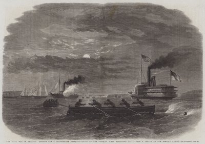 Der Bürgerkrieg in Amerika, Abschneiden einer konföderierten Depesche-Galerie am Potomac in der Nähe von Freestone Point (Stich) von English School
