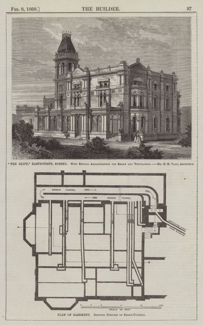 "The Cliff," Eastbourne, Sussex, mit speziellen Anordnungen für Rauch und Belüftung, Mr. H. H. Vale, Architekt (Gravur) von English School