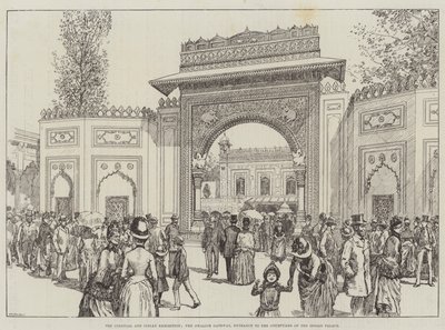 Die Kolonial- und Indien-Ausstellung, das Gwalior-Tor, Eingang zum Innenhof des indischen Palastes (Gravur) von English School