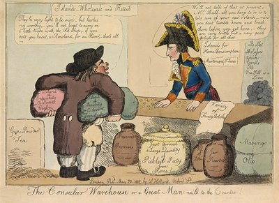 Das Konsularlager oder ein großer Mann an den Tresen genagelt, veröffentlicht 1802 (handkolorierte Gravur) von English School