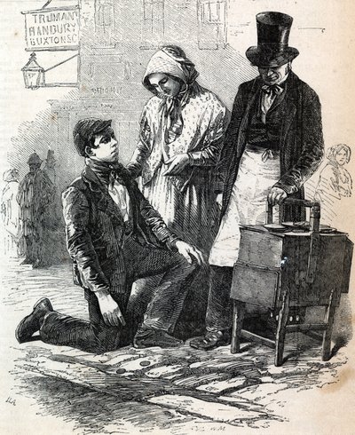 Der Coster-Junge und das Mädchen werfen den Pastetenmann von English School
