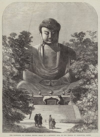 Der Daiboodh, oder kolossale Bronzestatue eines buddhistischen Idols, im Tempel von Kamakura, Japan von English School